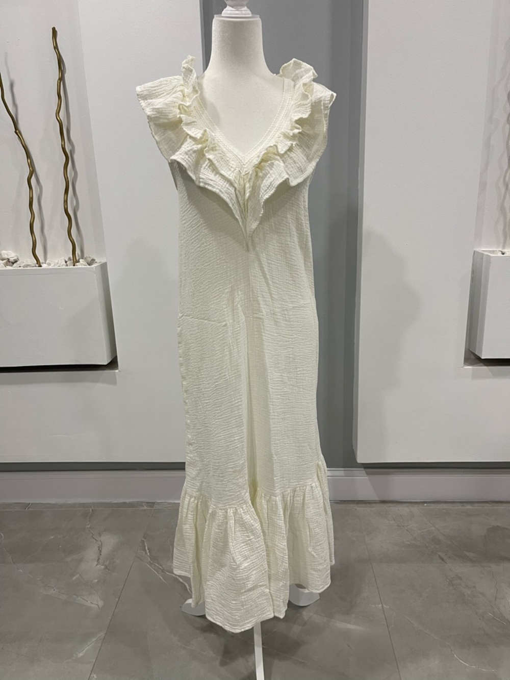 sundays Cream Ruffled V-Neck Maxi Dress
